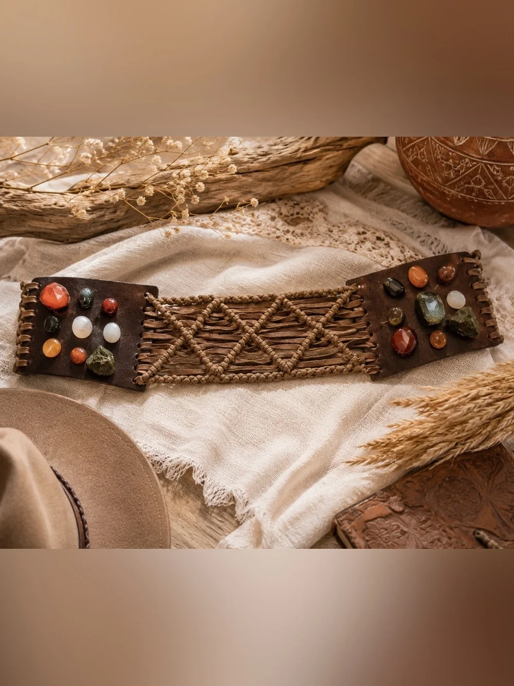 Orciani Belt Vintage 1990s Brown Leather Agate Stone Boho Tie Waist 85cm Medium
